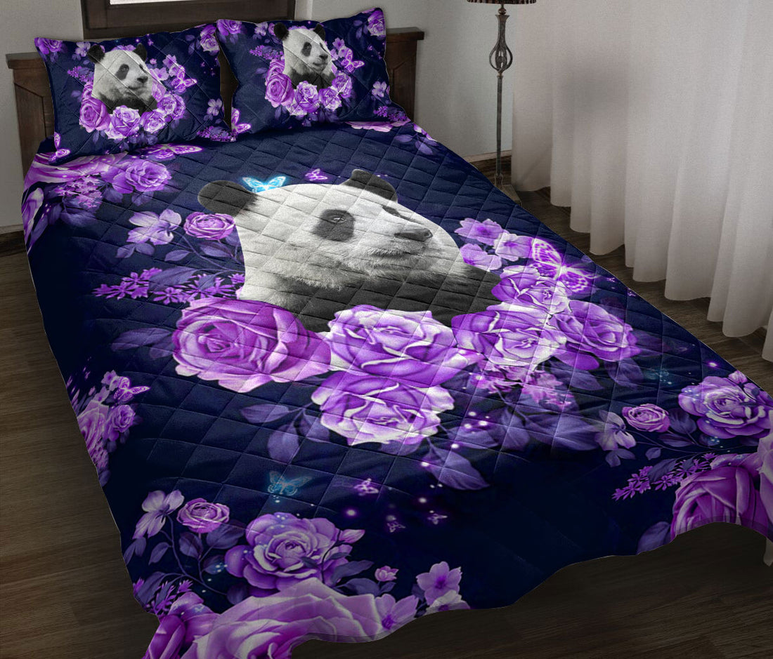 Ohaprints-Quilt-Bed-Set-Pillowcase-Panda-Purple-Rose-Flower-Floral-Unique-Gift-For-Panda-Animal-Lover-Black-Blanket-Bedspread-Bedding-1461-Throw (55'' x 60'')