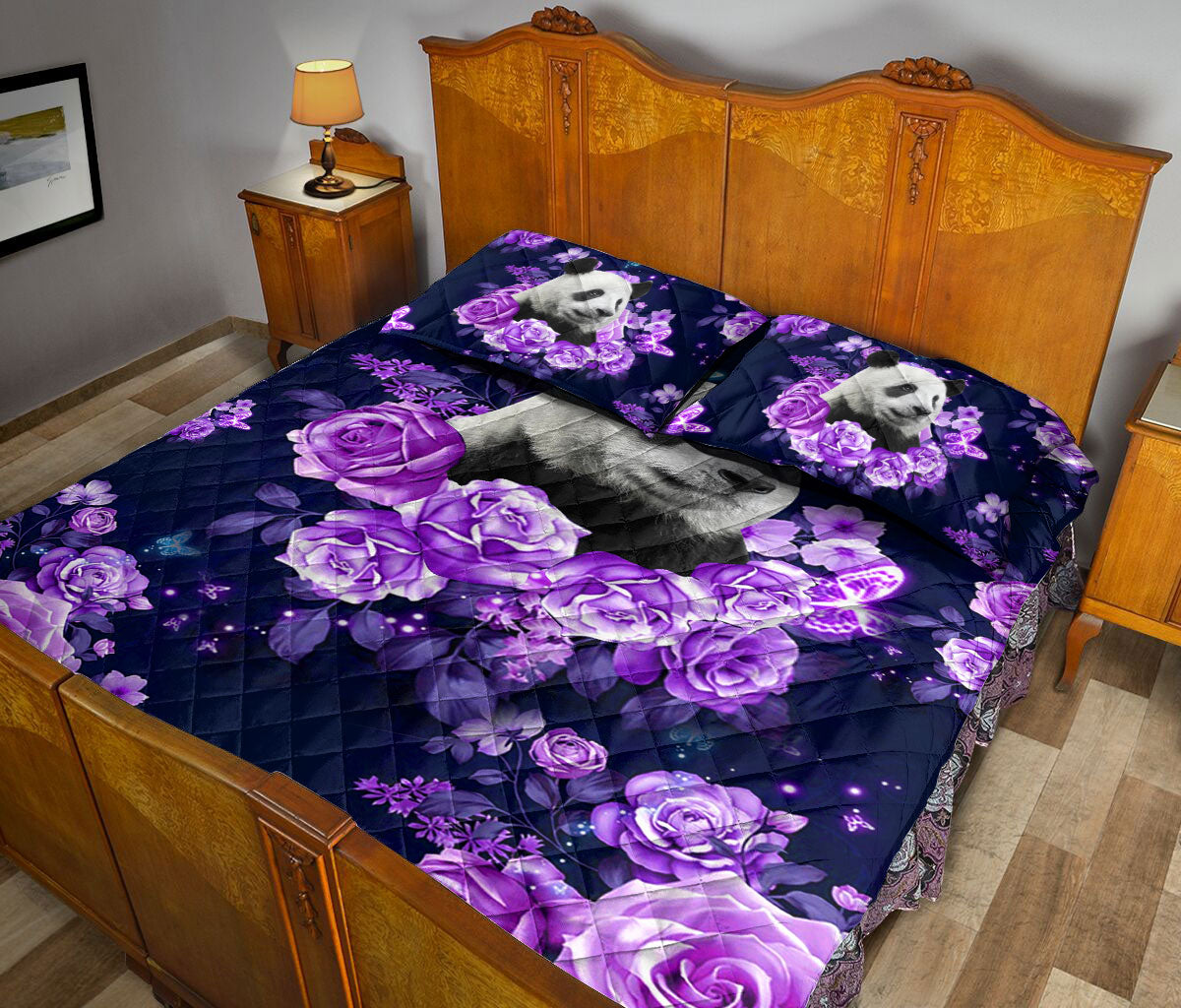 Ohaprints-Quilt-Bed-Set-Pillowcase-Panda-Purple-Rose-Flower-Floral-Unique-Gift-For-Panda-Animal-Lover-Black-Blanket-Bedspread-Bedding-1461-Queen (80'' x 90'')