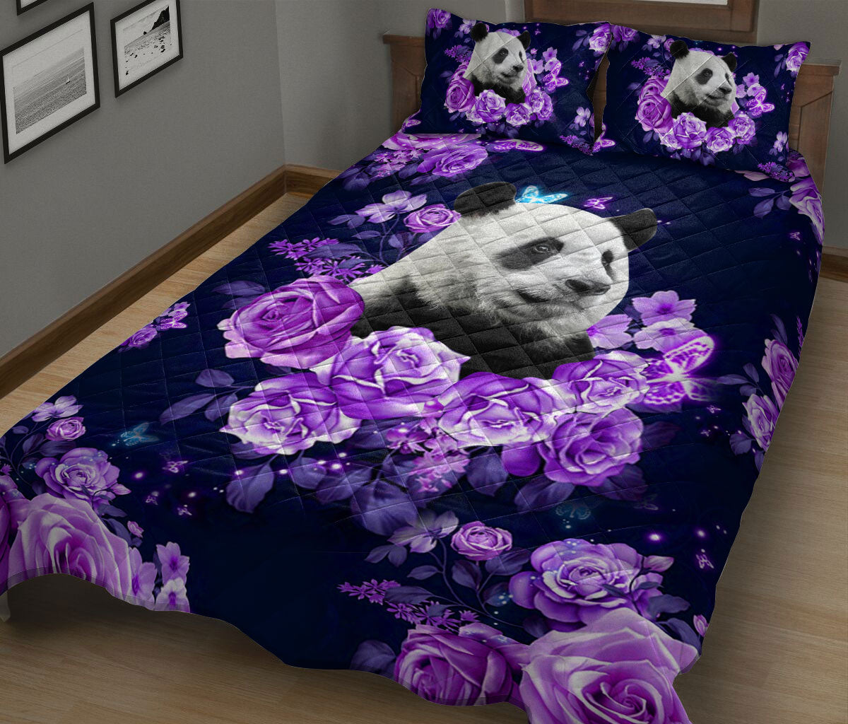 Ohaprints-Quilt-Bed-Set-Pillowcase-Panda-Purple-Rose-Flower-Floral-Unique-Gift-For-Panda-Animal-Lover-Black-Blanket-Bedspread-Bedding-1461-King (90'' x 100'')