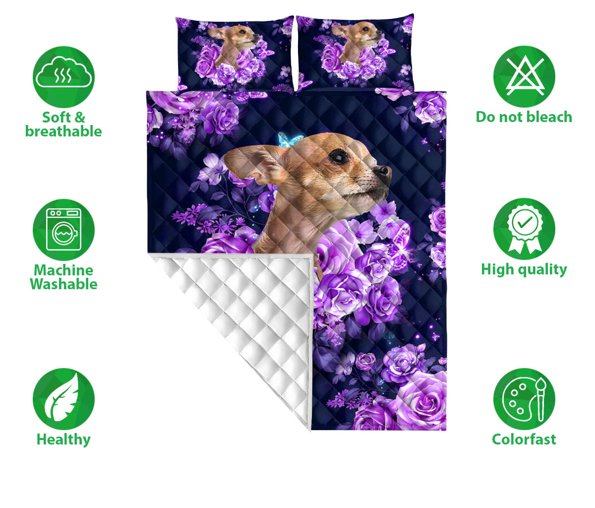 Ohaprints-Quilt-Bed-Set-Pillowcase-Chihuahua-Purple-Rose-Flower-Floral-Unique-Gift-For-Chihuahua-Dog-Puppy-Lover-Blanket-Bedspread-Bedding-2047-Double (70'' x 80'')