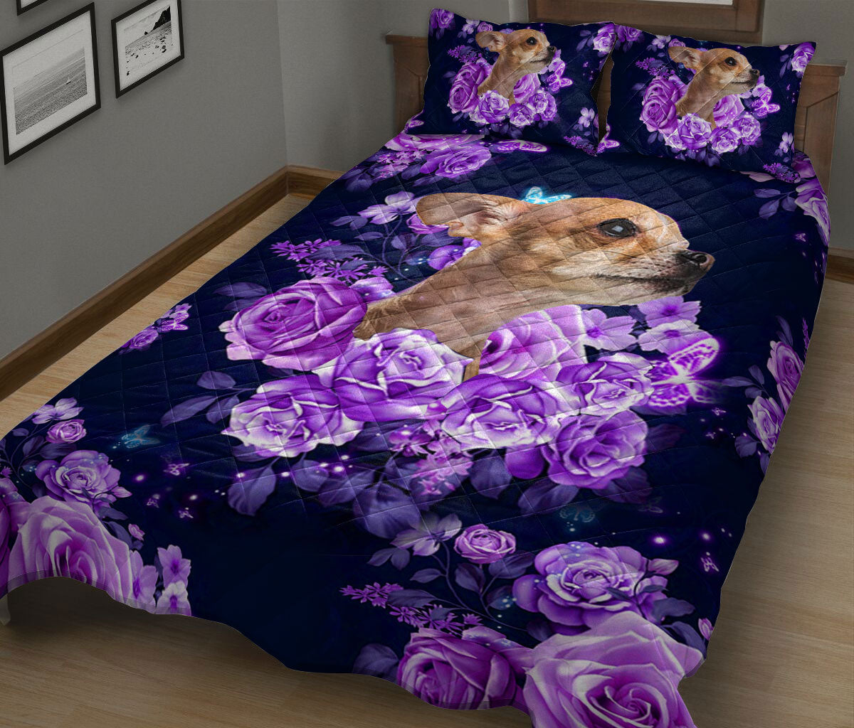 Ohaprints-Quilt-Bed-Set-Pillowcase-Chihuahua-Purple-Rose-Flower-Floral-Unique-Gift-For-Chihuahua-Dog-Puppy-Lover-Blanket-Bedspread-Bedding-2047-King (90'' x 100'')