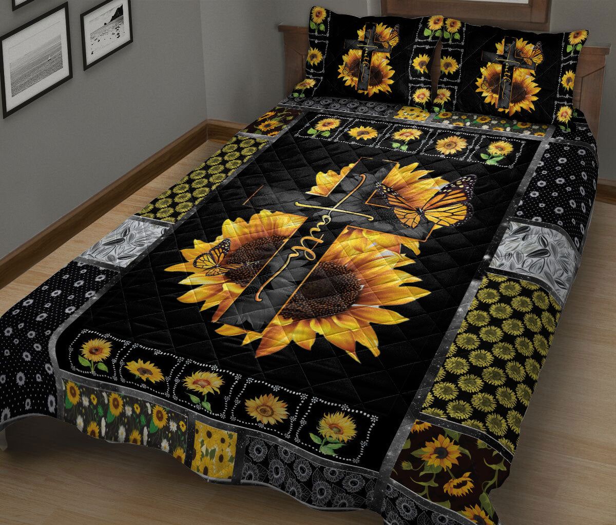 Ohaprints-Quilt-Bed-Set-Pillowcase-Faith-Sunflower-God-Jesus-Cross-Christian-Religious-Floral-Patchwork-Pattern-Blanket-Bedspread-Bedding-2641-King (90'' x 100'')