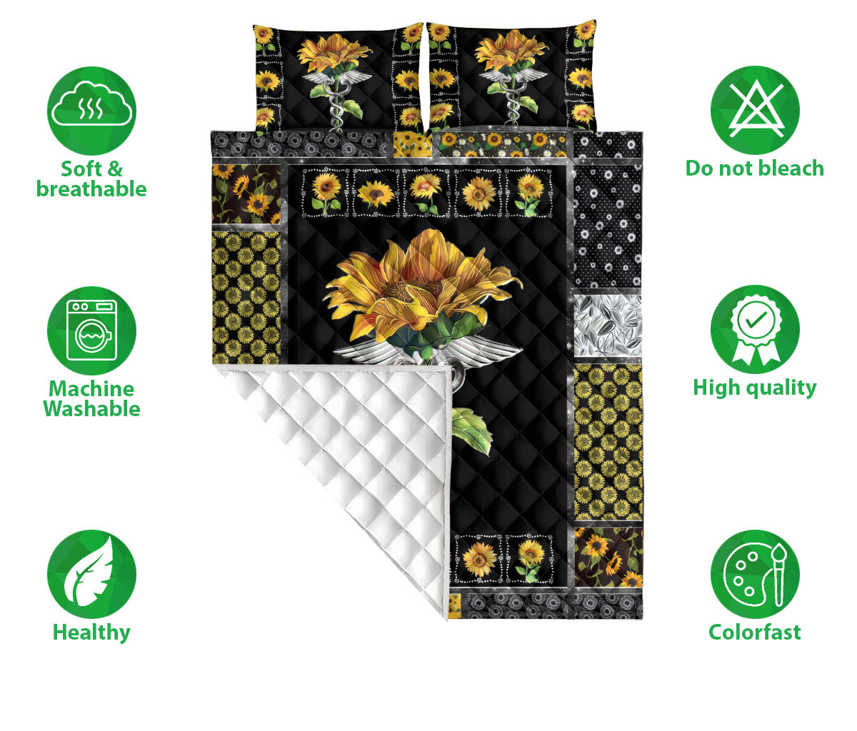 Ohaprints-Quilt-Bed-Set-Pillowcase-Nurse-Nursing-Caduceus-Scrub-Life-Sunflower-Floral-Patchwork-Pattern-Blanket-Bedspread-Bedding-1462-Double (70'' x 80'')