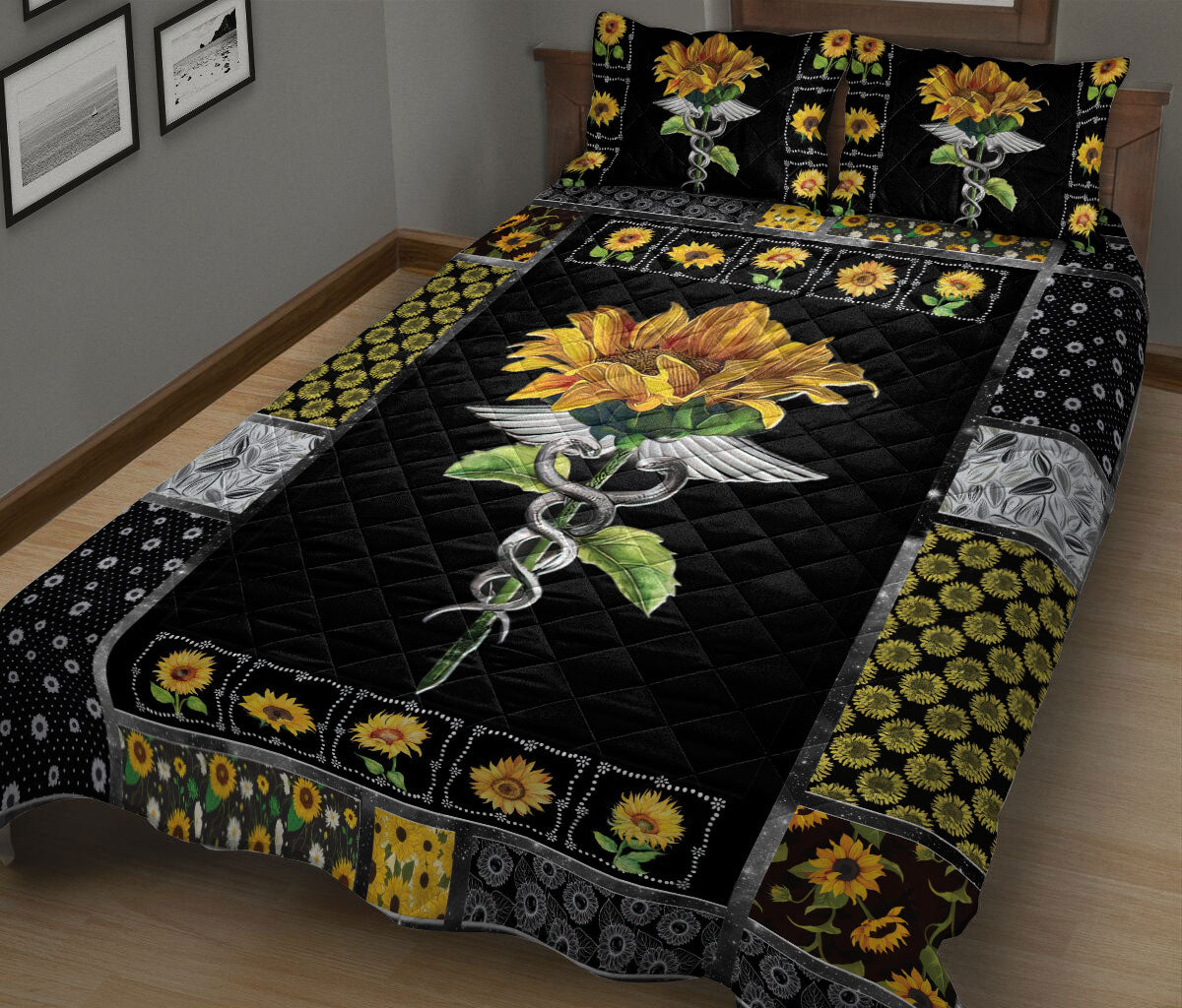 Ohaprints-Quilt-Bed-Set-Pillowcase-Nurse-Nursing-Caduceus-Scrub-Life-Sunflower-Floral-Patchwork-Pattern-Blanket-Bedspread-Bedding-1462-King (90'' x 100'')