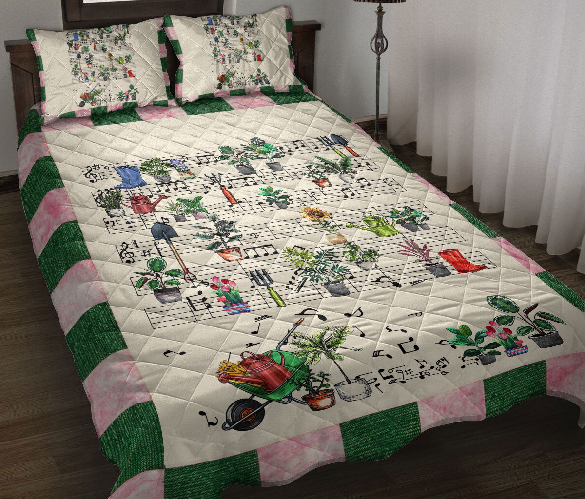 Ohaprints-Quilt-Bed-Set-Pillowcase-Garden-Flower-Tree-Music-Note-Unique-Gift-For-Gardening-Lovers-Green-Beige-Blanket-Bedspread-Bedding-2642-Throw (55'' x 60'')