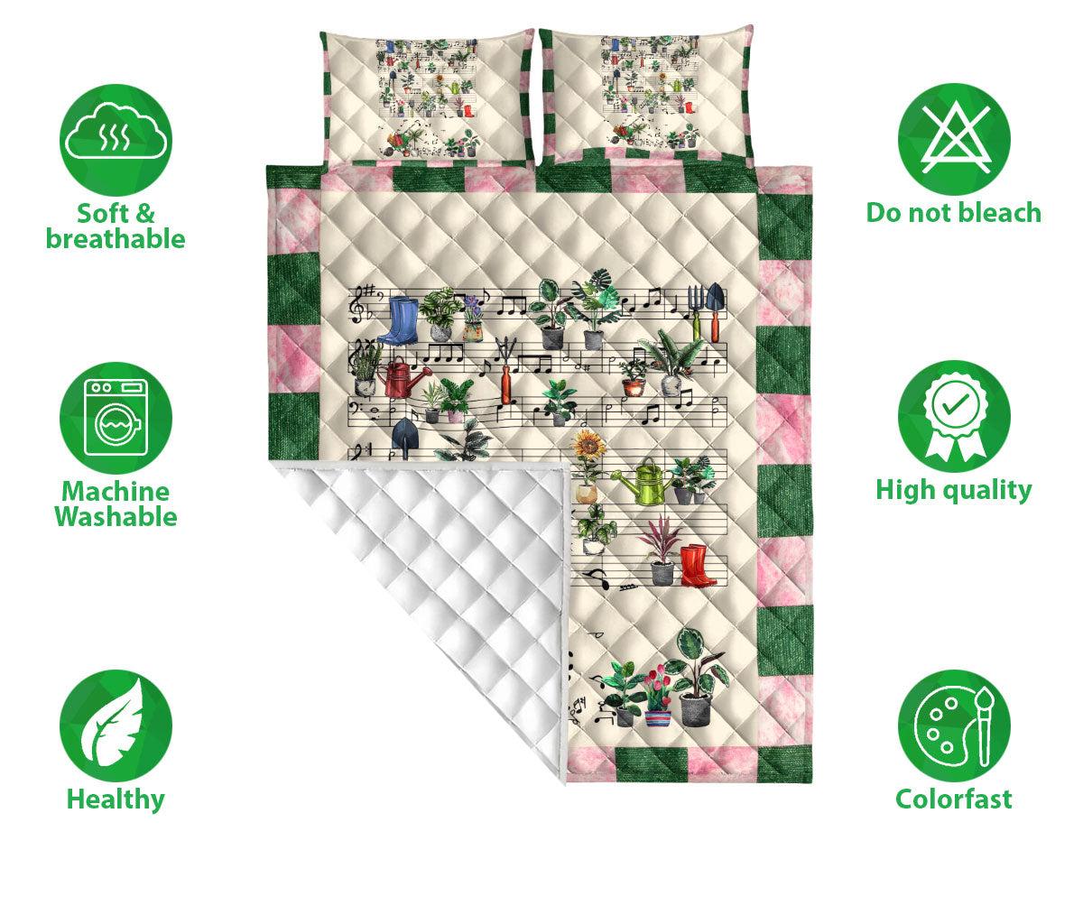 Ohaprints-Quilt-Bed-Set-Pillowcase-Garden-Flower-Tree-Music-Note-Unique-Gift-For-Gardening-Lovers-Green-Beige-Blanket-Bedspread-Bedding-2642-Double (70'' x 80'')