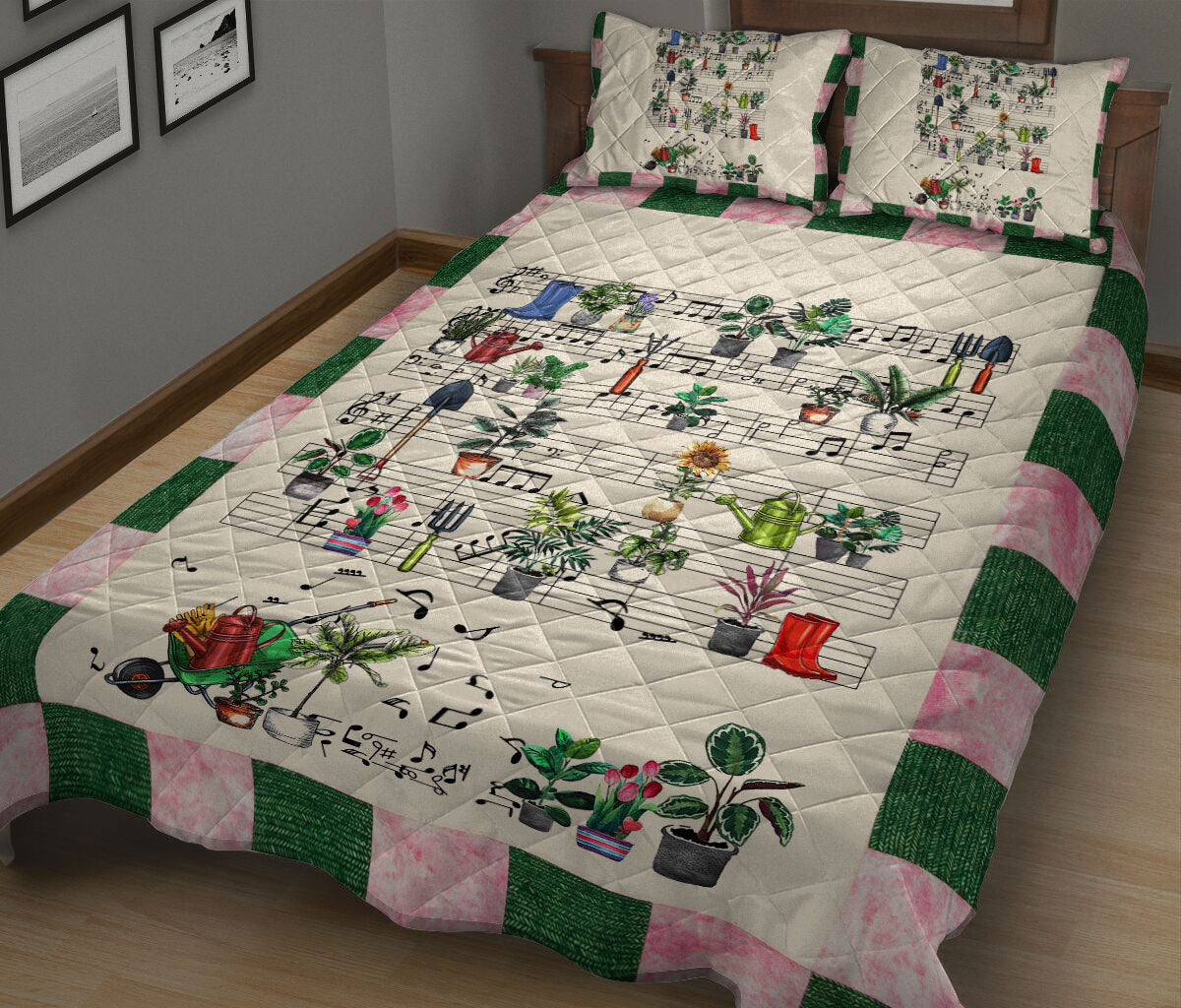 Ohaprints-Quilt-Bed-Set-Pillowcase-Garden-Flower-Tree-Music-Note-Unique-Gift-For-Gardening-Lovers-Green-Beige-Blanket-Bedspread-Bedding-2642-King (90'' x 100'')