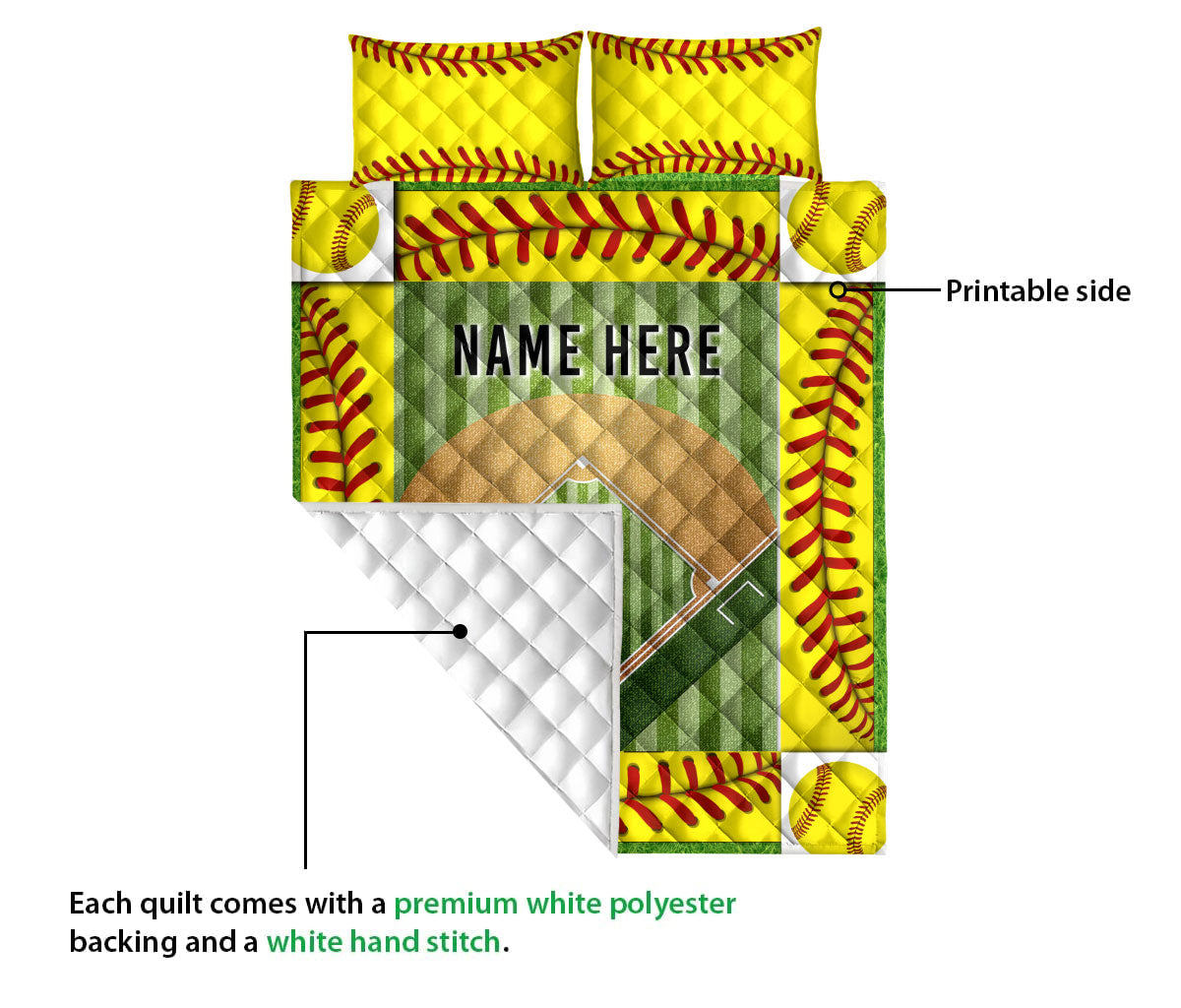 Ohaprints-Quilt-Bed-Set-Pillowcase-Softball-Field-Ball-Pattern-Gift-For-Sport-Lover-Custom-Personalized-Name-Blanket-Bedspread-Bedding-3103-Queen (80'' x 90'')