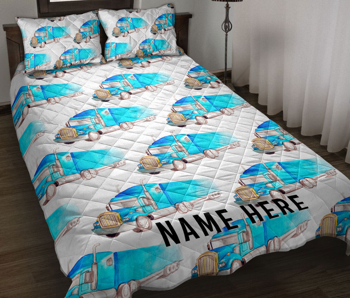 Ohaprints-Quilt-Bed-Set-Pillowcase-Turquoise-Truck-Gift-For-Trucker-Driver-Custom-Personalized-Name-Blanket-Bedspread-Bedding-3556-Throw (55'' x 60'')