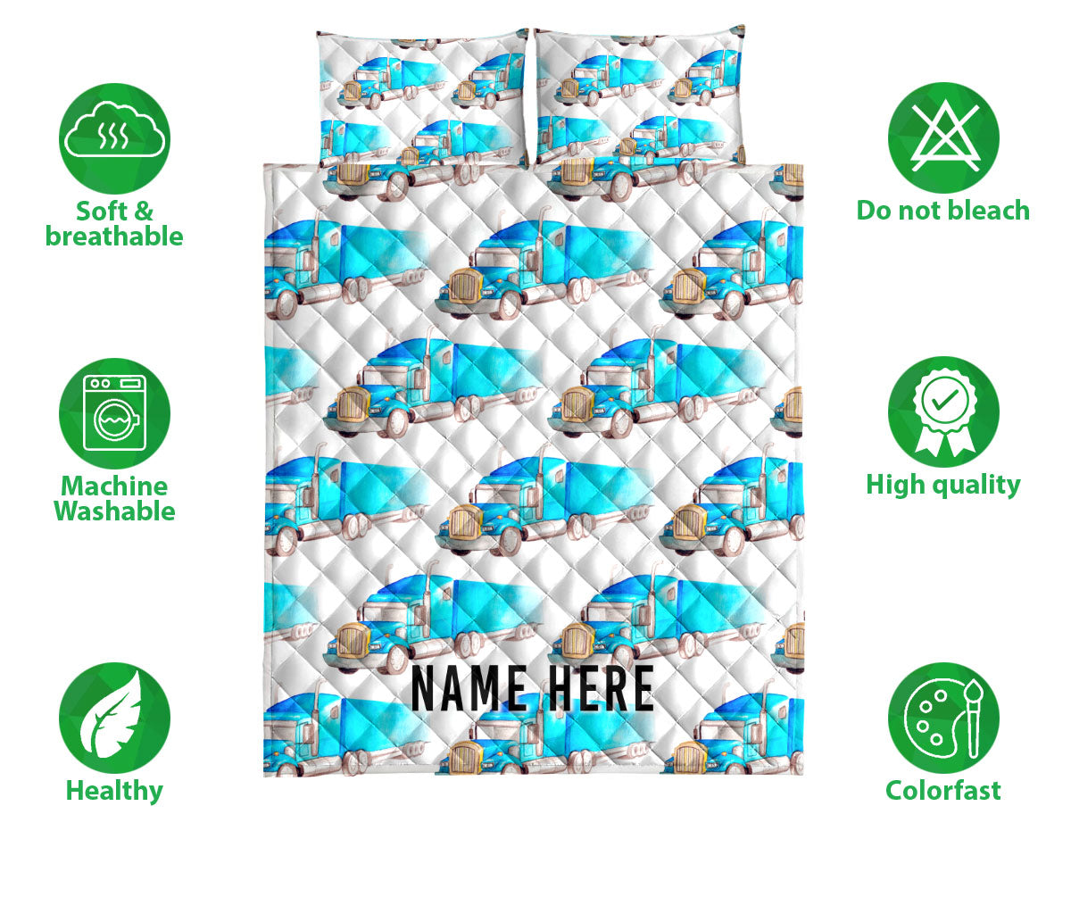 Ohaprints-Quilt-Bed-Set-Pillowcase-Turquoise-Truck-Gift-For-Trucker-Driver-Custom-Personalized-Name-Blanket-Bedspread-Bedding-3556-Double (70'' x 80'')