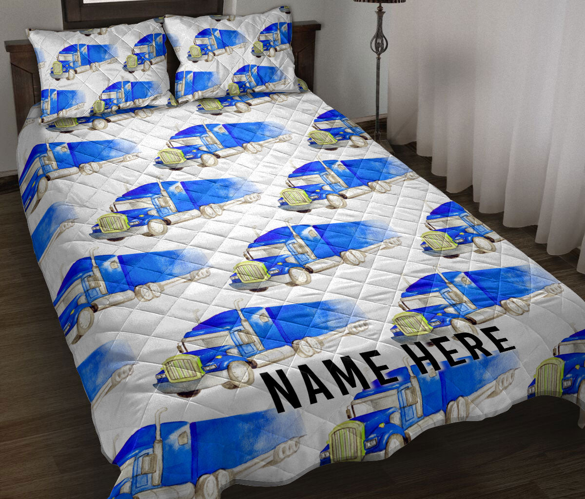 Ohaprints-Quilt-Bed-Set-Pillowcase-Blue-Truck-Pattern-Gift-For-Trucker-Driver-Custom-Personalized-Name-Blanket-Bedspread-Bedding-3557-Throw (55'' x 60'')