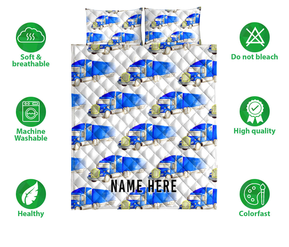 Ohaprints-Quilt-Bed-Set-Pillowcase-Blue-Truck-Pattern-Gift-For-Trucker-Driver-Custom-Personalized-Name-Blanket-Bedspread-Bedding-3557-Double (70'' x 80'')