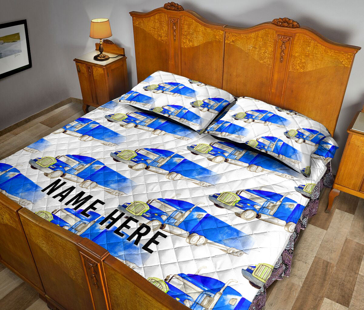 Ohaprints-Quilt-Bed-Set-Pillowcase-Blue-Truck-Pattern-Gift-For-Trucker-Driver-Custom-Personalized-Name-Blanket-Bedspread-Bedding-3557-King (90'' x 100'')