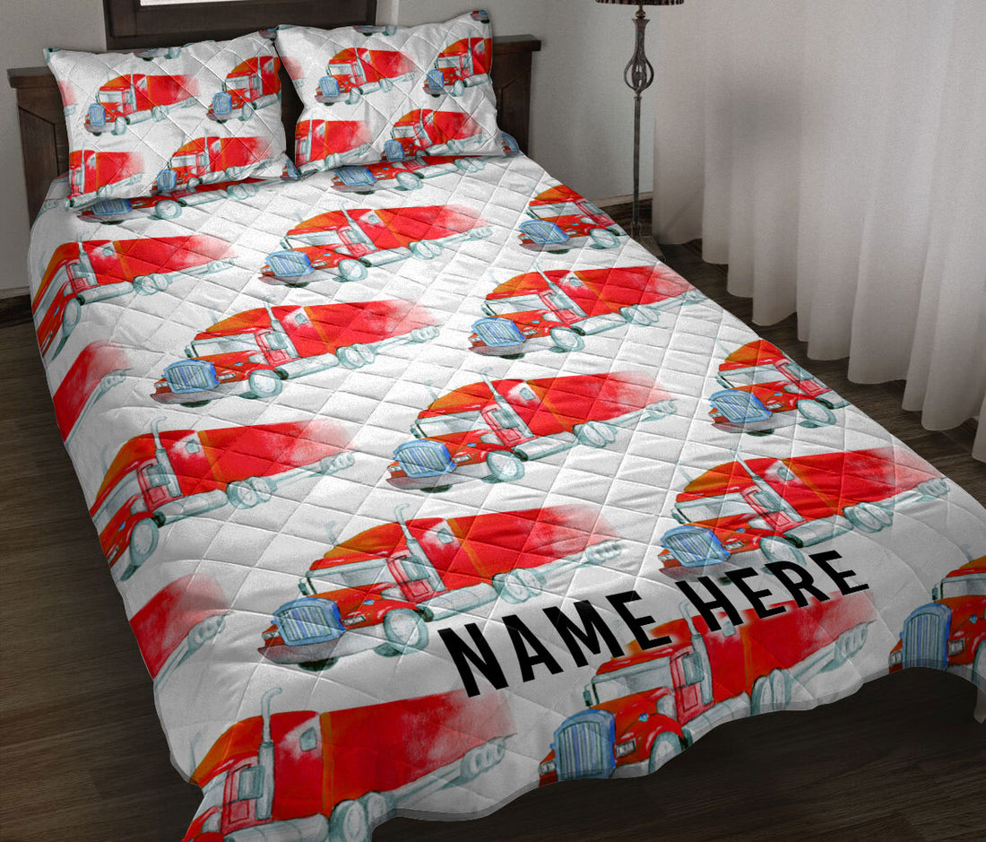 Ohaprints-Quilt-Bed-Set-Pillowcase-Red-Truck-Pattern-Gift-For-Trucker-Driver-Custom-Personalized-Name-Blanket-Bedspread-Bedding-3558-Throw (55'' x 60'')