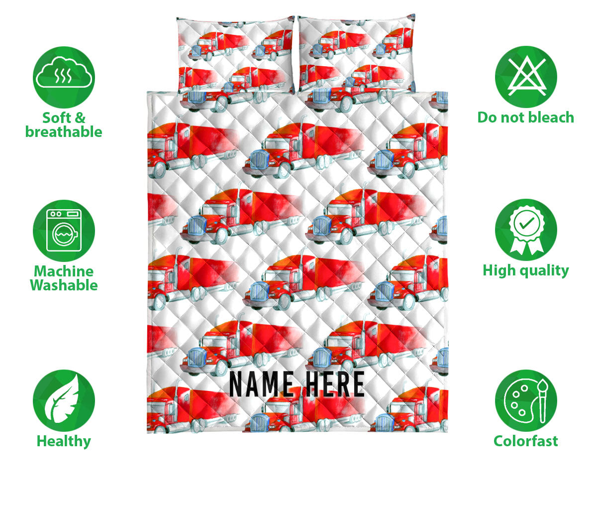 Ohaprints-Quilt-Bed-Set-Pillowcase-Red-Truck-Pattern-Gift-For-Trucker-Driver-Custom-Personalized-Name-Blanket-Bedspread-Bedding-3558-Double (70'' x 80'')