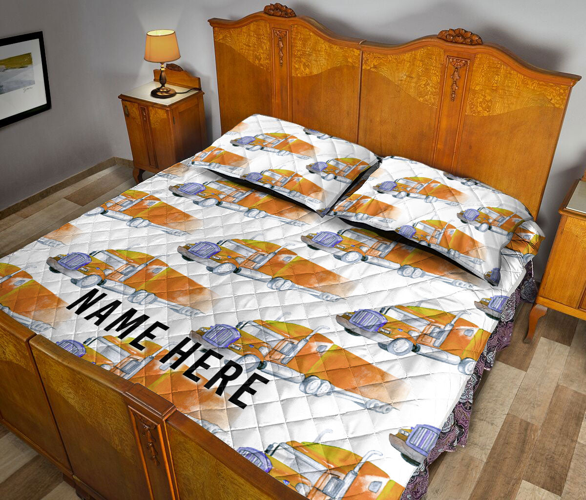 Ohaprints-Quilt-Bed-Set-Pillowcase-Brown-Truck-Pattern-Gift-For-Trucker-Driver-Custom-Personalized-Name-Blanket-Bedspread-Bedding-3559-King (90'' x 100'')