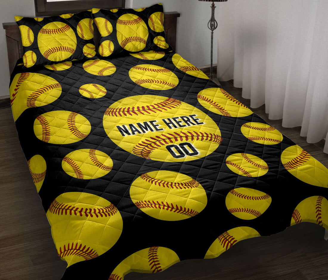 Ohaprints-Quilt-Bed-Set-Pillowcase-Softball-Yellow-Ball-Pattern-Sport-Lover-Gift-Custom-Personalized-Name-Blanket-Bedspread-Bedding-3104-Throw (55'' x 60'')