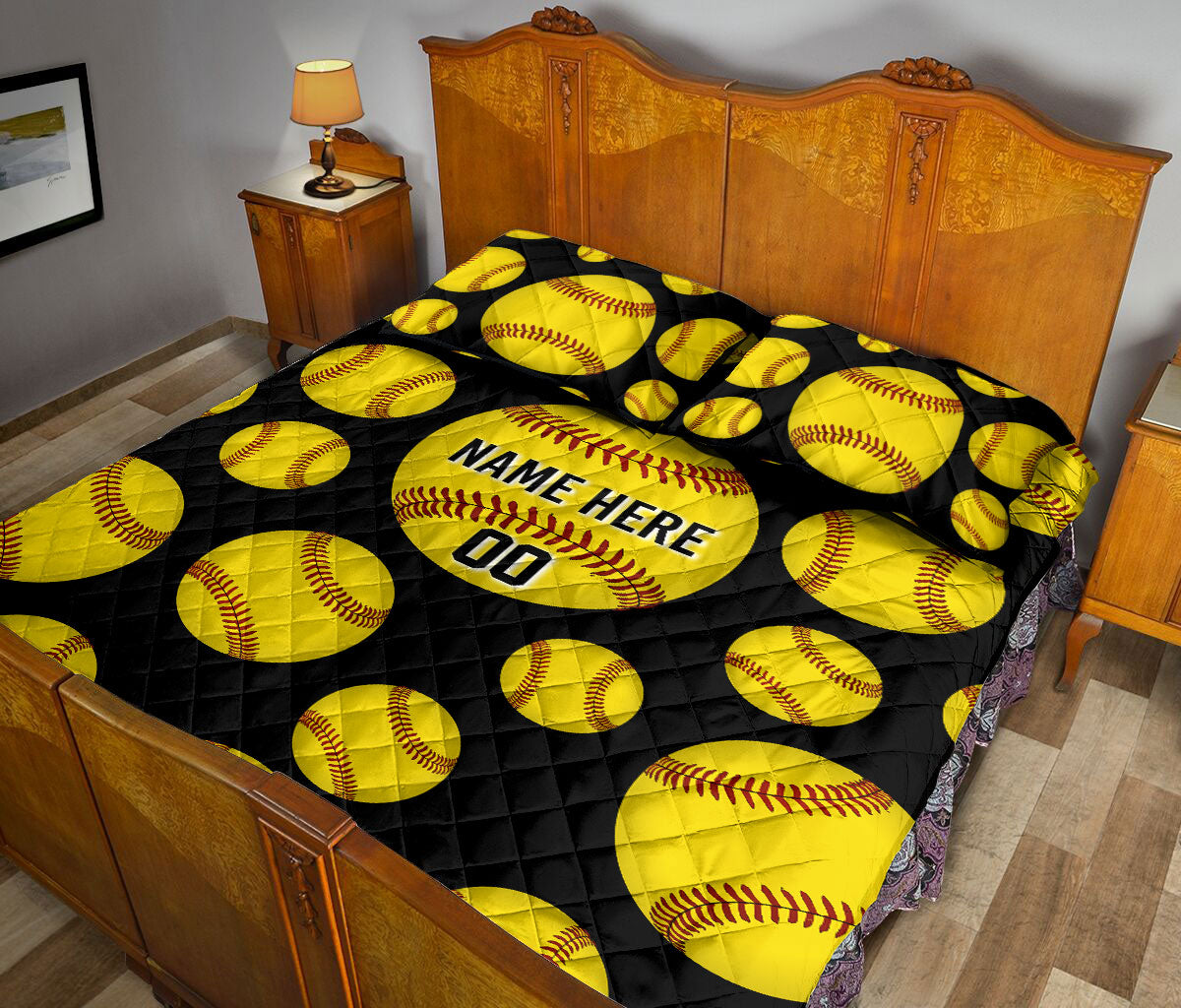 Ohaprints-Quilt-Bed-Set-Pillowcase-Softball-Yellow-Ball-Pattern-Sport-Lover-Gift-Custom-Personalized-Name-Blanket-Bedspread-Bedding-3104-King (90'' x 100'')