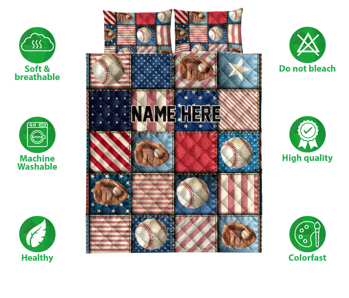 Ohaprints-Quilt-Bed-Set-Pillowcase-Baseball-American-Patchwork-Pattern-Sport-Lover-Gift-Custom-Personalized-Name-Blanket-Bedspread-Bedding-3208-Double (70'' x 80'')