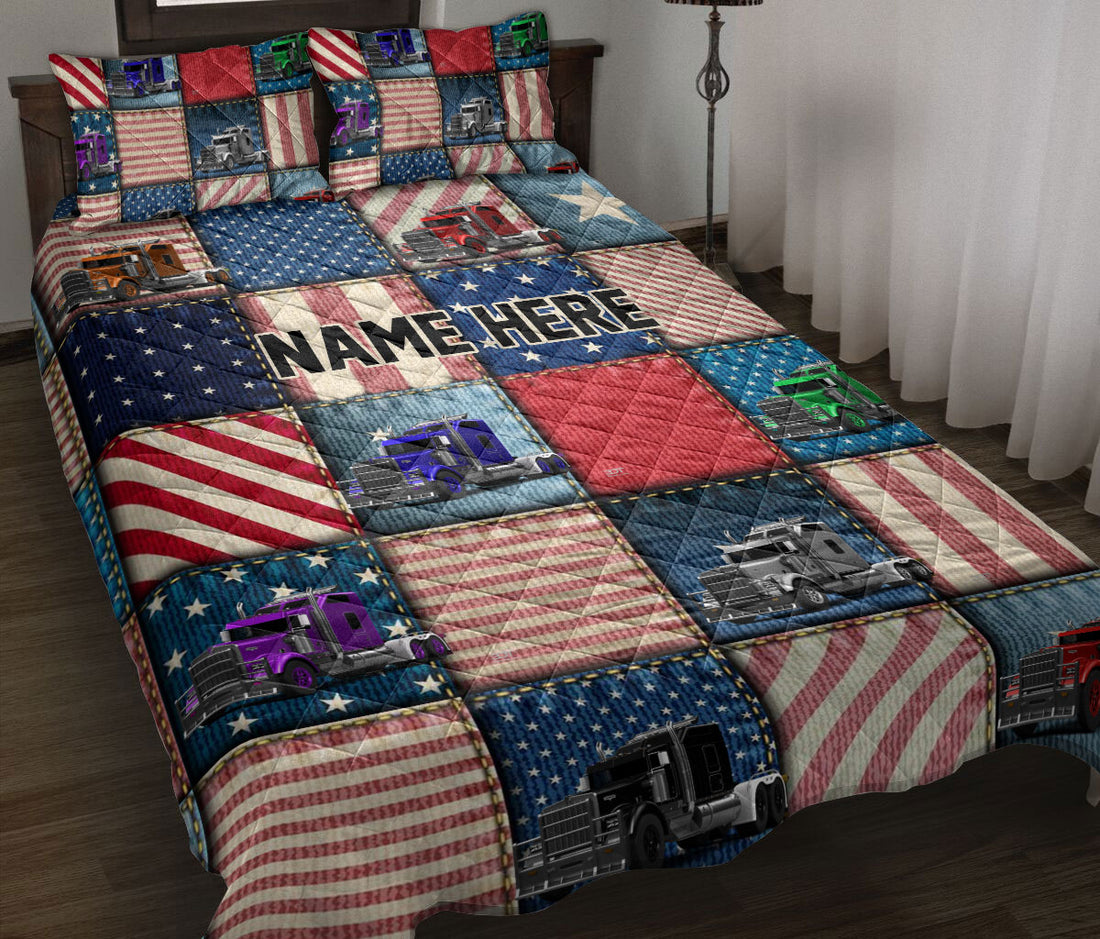 Ohaprints-Quilt-Bed-Set-Pillowcase-Truck-American-Patchwork-Gift-For-Trucker-Custom-Personalized-Name-Blanket-Bedspread-Bedding-3560-Throw (55'' x 60'')