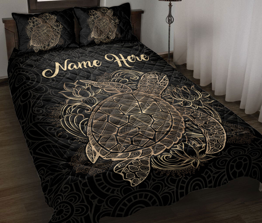 Ohaprints-Quilt-Bed-Set-Pillowcase-Turtle-Flower-Floral-Polynesia-Pattern-Golden-Black-Custom-Personalized-Name-Blanket-Bedspread-Bedding-171-Throw (55'' x 60'')