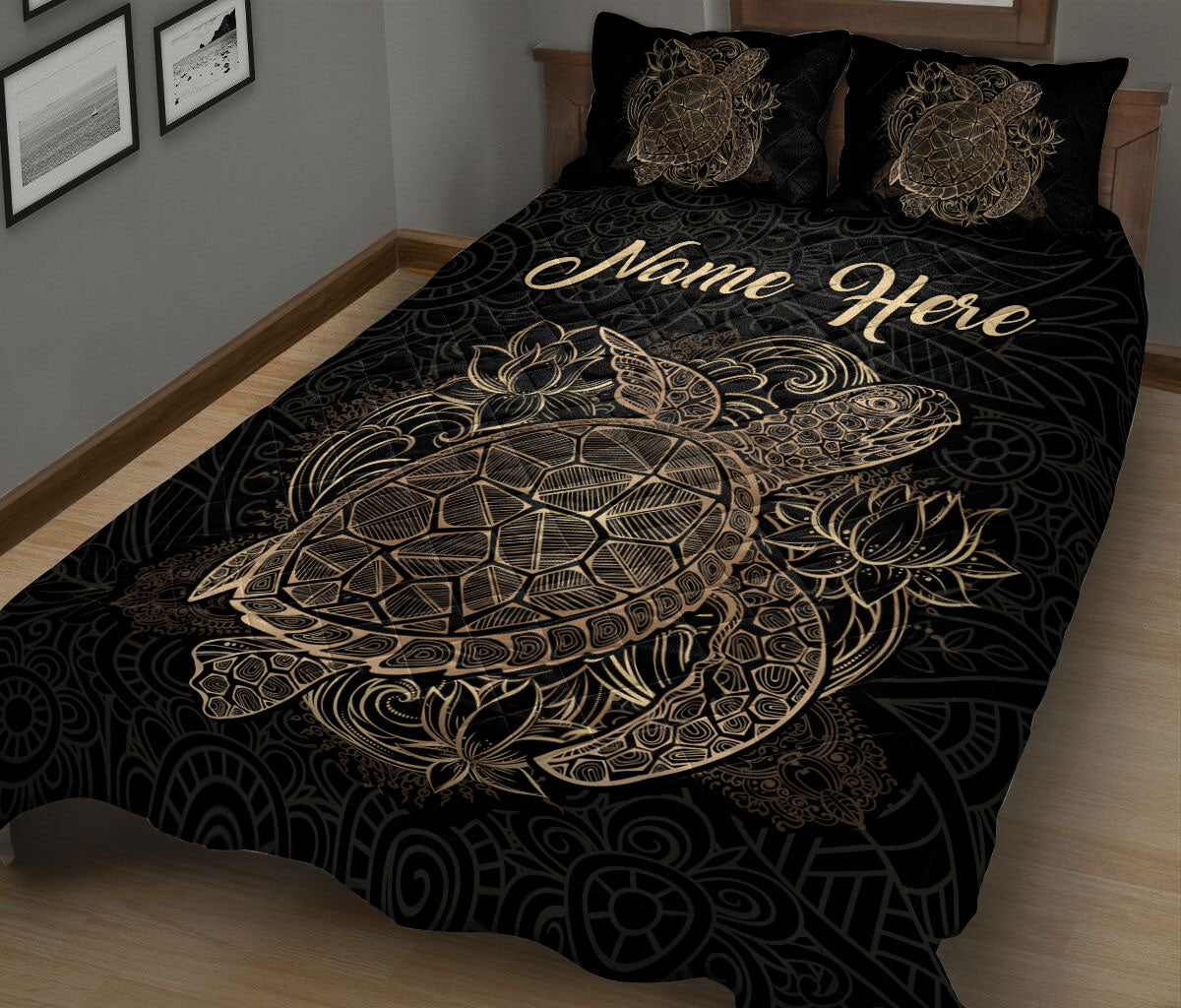 Ohaprints-Quilt-Bed-Set-Pillowcase-Turtle-Flower-Floral-Polynesia-Pattern-Golden-Black-Custom-Personalized-Name-Blanket-Bedspread-Bedding-171-King (90'' x 100'')