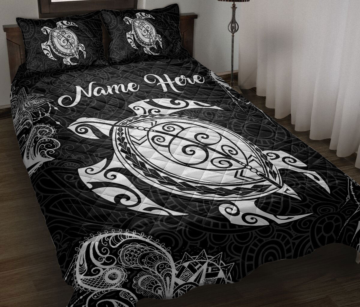 Ohaprints-Quilt-Bed-Set-Pillowcase-Sea-Turtle-Flower-Floral-Polynesia-Pattern-Black-Custom-Personalized-Name-Blanket-Bedspread-Bedding-764-Throw (55'' x 60'')