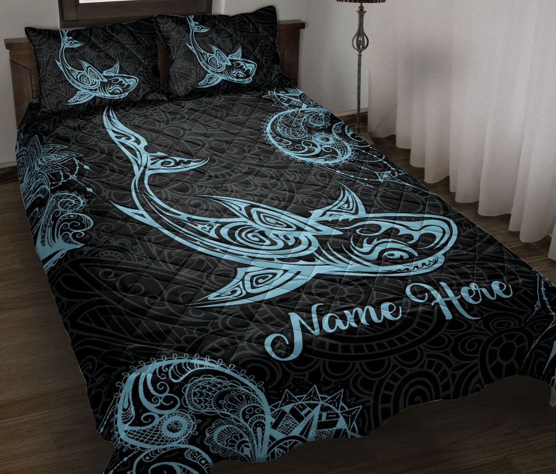 Ohaprints-Quilt-Bed-Set-Pillowcase-Shark-Blue-Flower-Floral-Polynesia-Pattern-Black-Custom-Personalized-Name-Blanket-Bedspread-Bedding-1311-Throw (55'' x 60'')