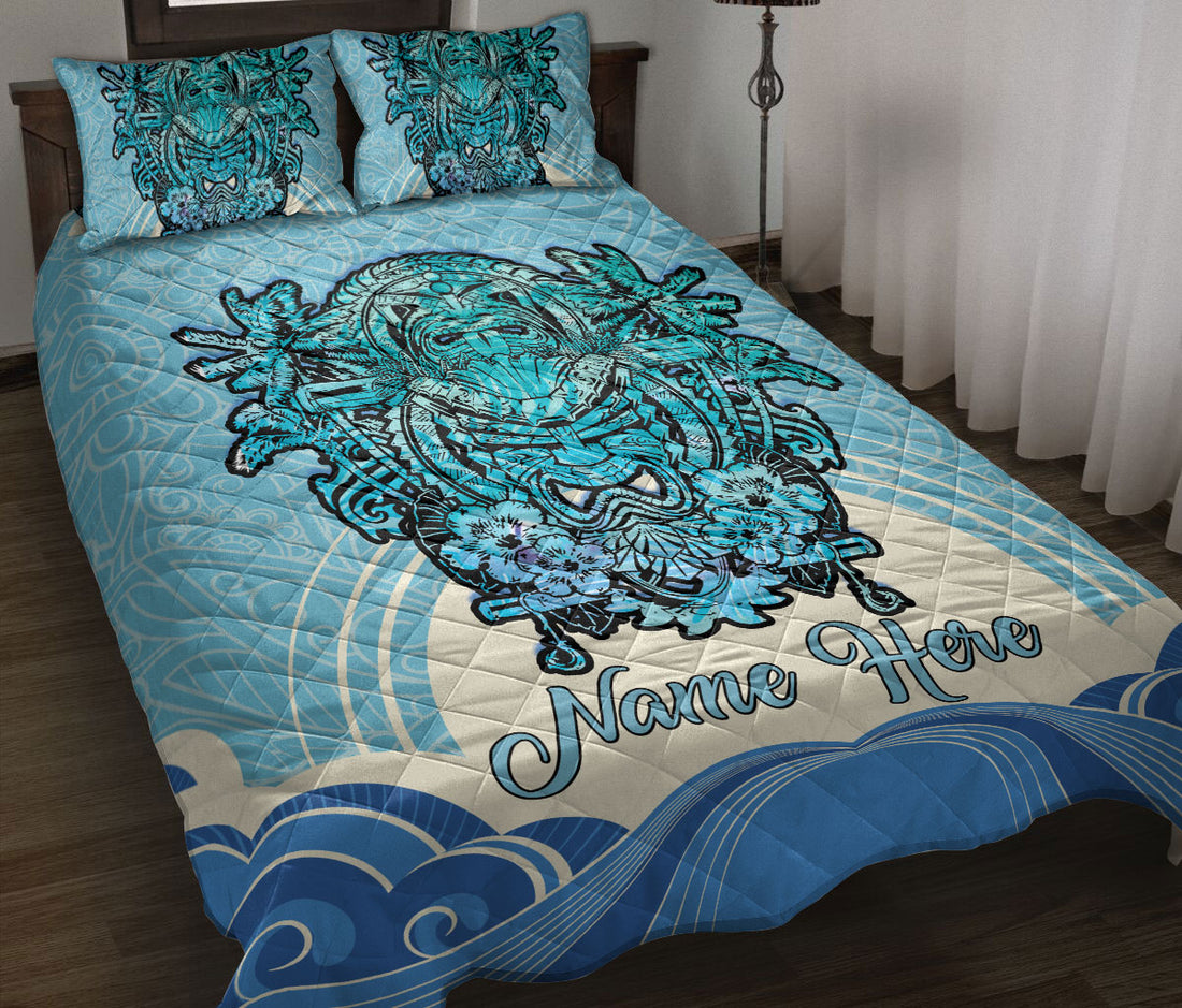 Ohaprints-Quilt-Bed-Set-Pillowcase-Tiki-Masks-Tribal-Hawaii-Totem-African-Floral-Blue-Custom-Personalized-Name-Blanket-Bedspread-Bedding-1899-Throw (55'' x 60'')