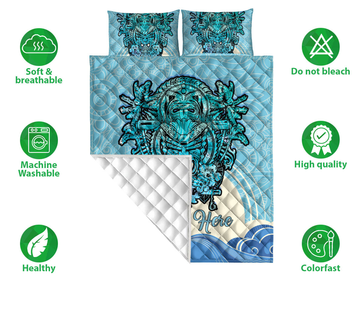 Ohaprints-Quilt-Bed-Set-Pillowcase-Tiki-Masks-Tribal-Hawaii-Totem-African-Floral-Blue-Custom-Personalized-Name-Blanket-Bedspread-Bedding-1899-Double (70'' x 80'')