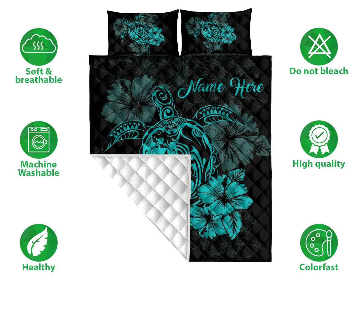 Ohaprints-Quilt-Bed-Set-Pillowcase-Turtle-Blue-Hibiscus-Flower-Floral-Polynesia-Pattern-Custom-Personalized-Name-Blanket-Bedspread-Bedding-2522-Double (70'' x 80'')