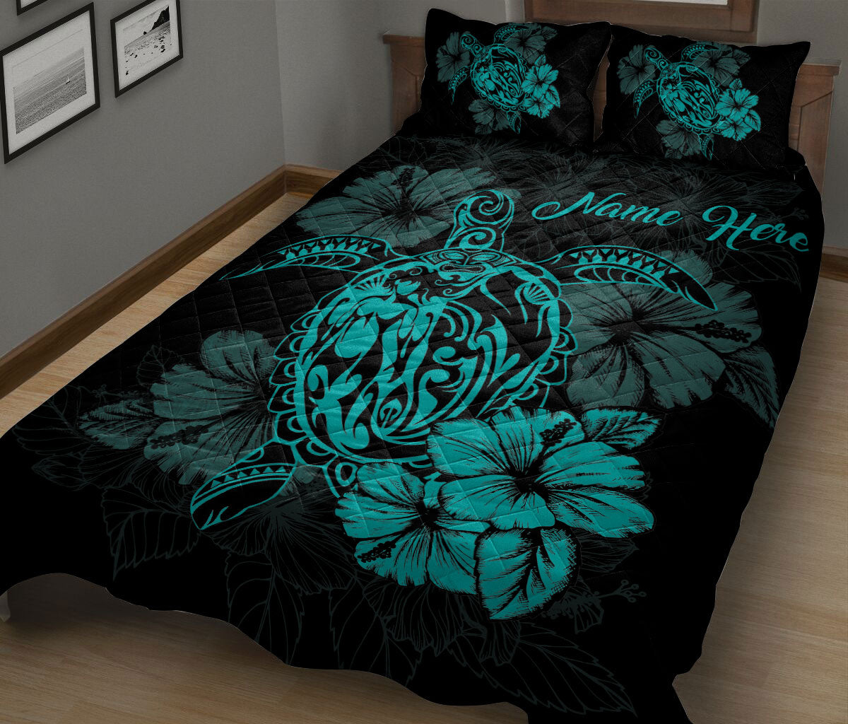 Ohaprints-Quilt-Bed-Set-Pillowcase-Turtle-Blue-Hibiscus-Flower-Floral-Polynesia-Pattern-Custom-Personalized-Name-Blanket-Bedspread-Bedding-2522-King (90'' x 100'')