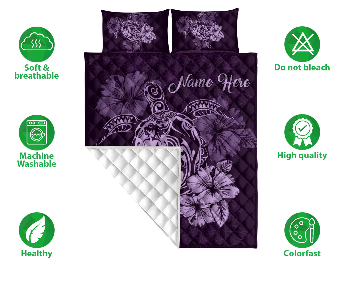 Ohaprints-Quilt-Bed-Set-Pillowcase-Turtle-Purple-Hibiscus-Flower-Floral-Polynesia-Custom-Personalized-Name-Blanket-Bedspread-Bedding-1086-Double (70'' x 80'')