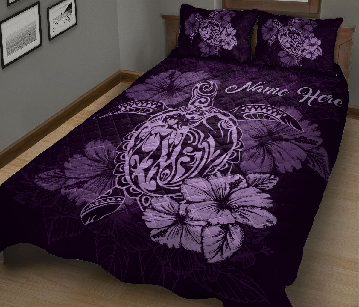 Ohaprints-Quilt-Bed-Set-Pillowcase-Turtle-Purple-Hibiscus-Flower-Floral-Polynesia-Custom-Personalized-Name-Blanket-Bedspread-Bedding-1086-King (90'' x 100'')