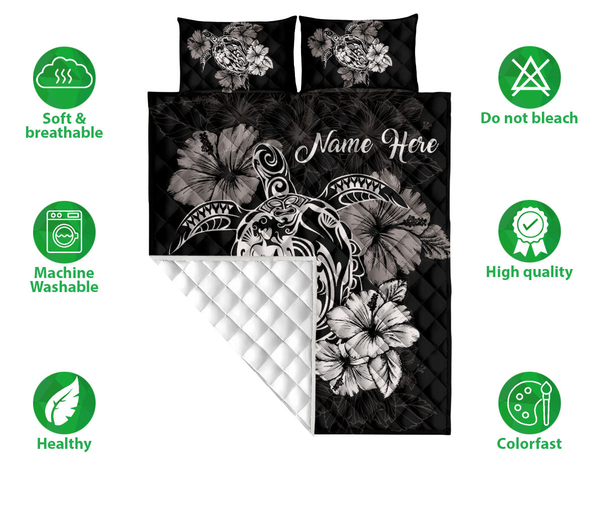 Ohaprints-Quilt-Bed-Set-Pillowcase-Turtle-White-Hibiscus-Flower-Floral-Polynesia-Pattern-Custom-Personalized-Name-Blanket-Bedspread-Bedding-765-Double (70'' x 80'')