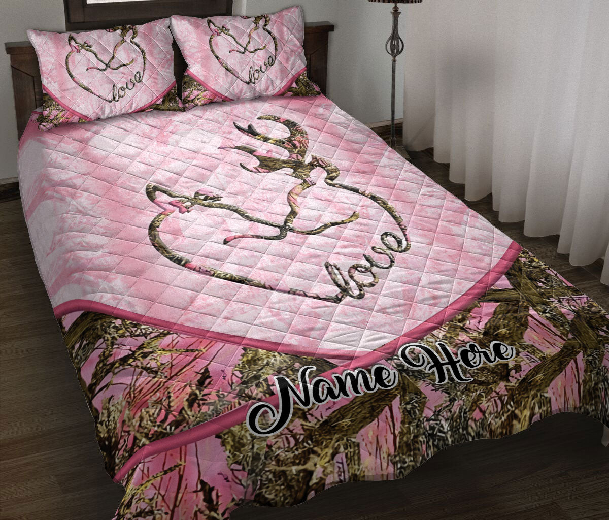 Ohaprints-Quilt-Bed-Set-Pillowcase-Deer-Couple-Heart-Pink-Camo-Pattern-Gift-For-Couple-Custom-Personalized-Name-Blanket-Bedspread-Bedding-2457-Throw (55'' x 60'')