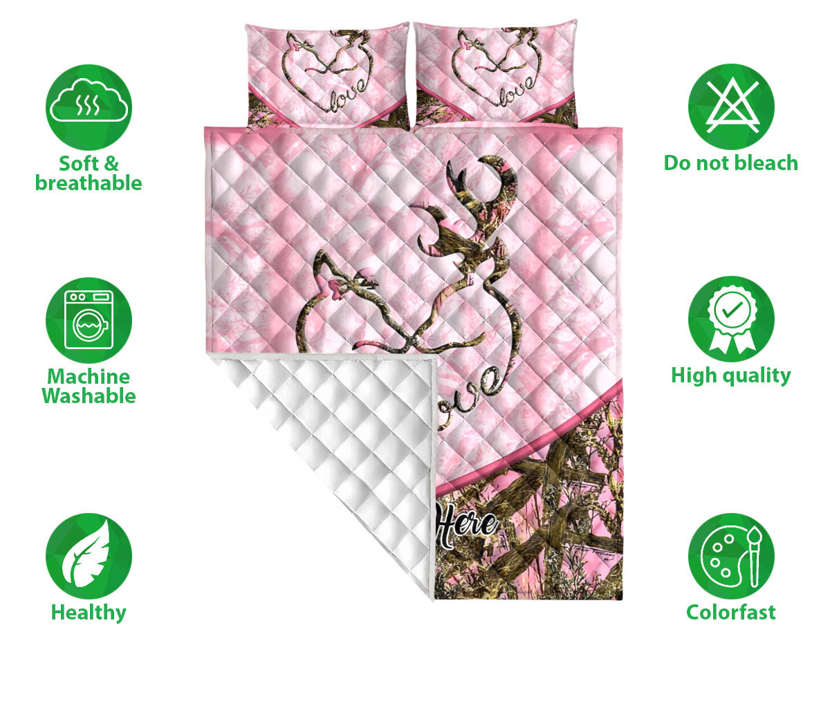 Ohaprints-Quilt-Bed-Set-Pillowcase-Deer-Couple-Heart-Pink-Camo-Pattern-Gift-For-Couple-Custom-Personalized-Name-Blanket-Bedspread-Bedding-2457-Double (70'' x 80'')