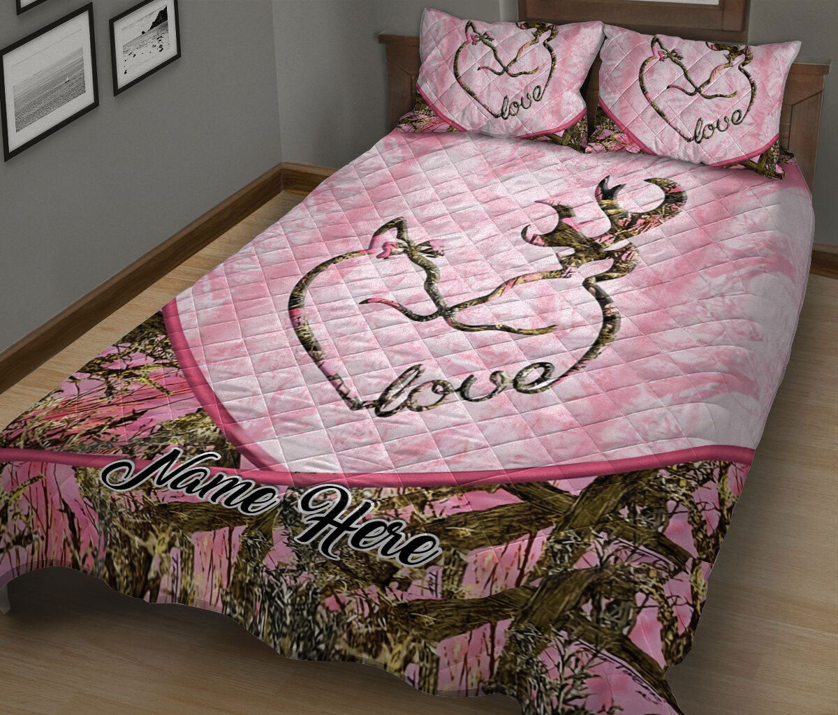 Ohaprints-Quilt-Bed-Set-Pillowcase-Deer-Couple-Heart-Pink-Camo-Pattern-Gift-For-Couple-Custom-Personalized-Name-Blanket-Bedspread-Bedding-2457-King (90'' x 100'')