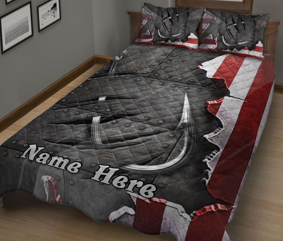 Ohaprints-Quilt-Bed-Set-Pillowcase-Fishing-Hook-American-Flag-Pattern-Gift-For-Fisherman-Custom-Personalized-Name-Blanket-Bedspread-Bedding-1764-King (90'' x 100'')