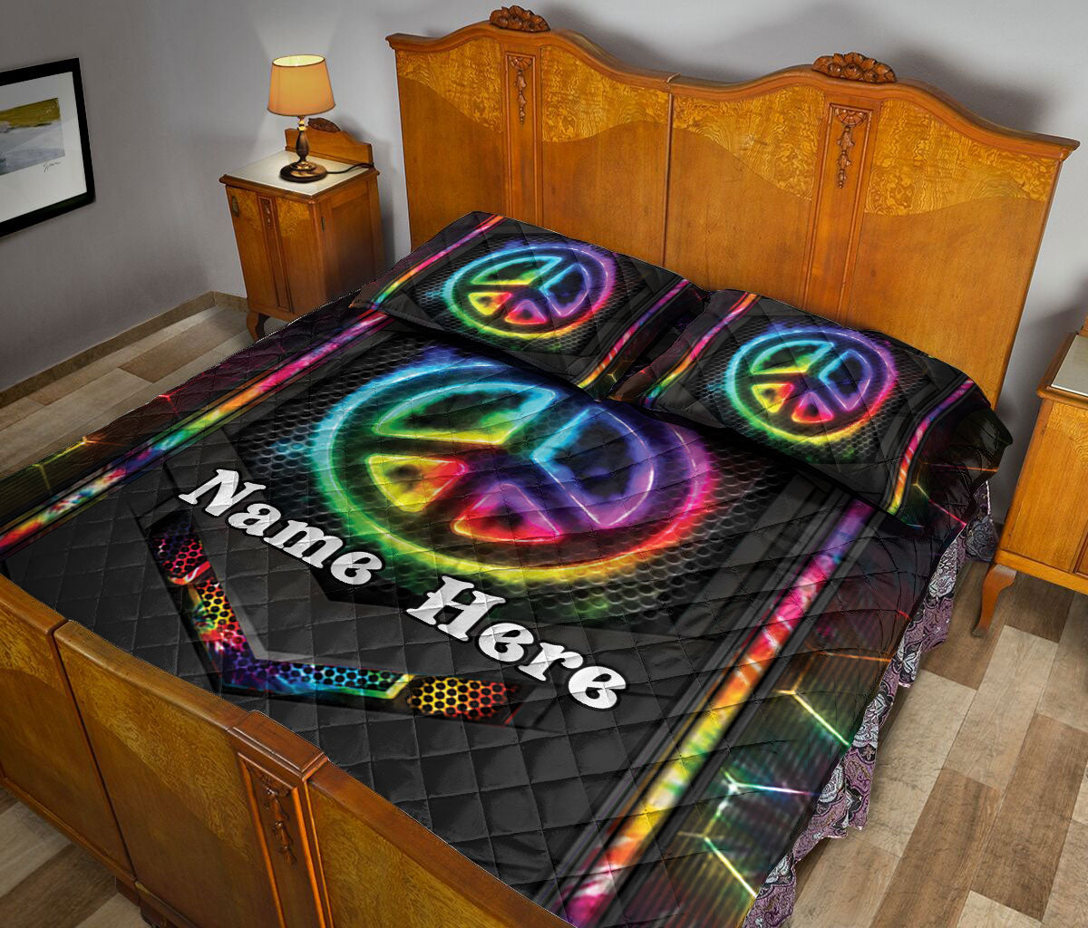 Ohaprints-Quilt-Bed-Set-Pillowcase-Hippie-Peace-Sign-Colorful-Tie-Dye-Carbon-Pattern-Custom-Personalized-Name-Blanket-Bedspread-Bedding-2478-Queen (80'' x 90'')