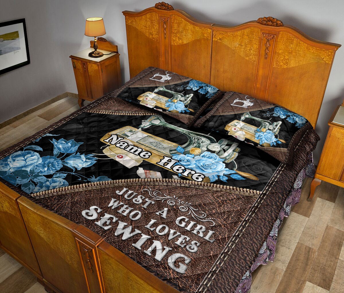 Ohaprints-Quilt-Bed-Set-Pillowcase-Love-Sewing-Machine-Flower-Floral-Brown-Pattern-Custom-Personalized-Name-Blanket-Bedspread-Bedding-2523-Queen (80'' x 90'')