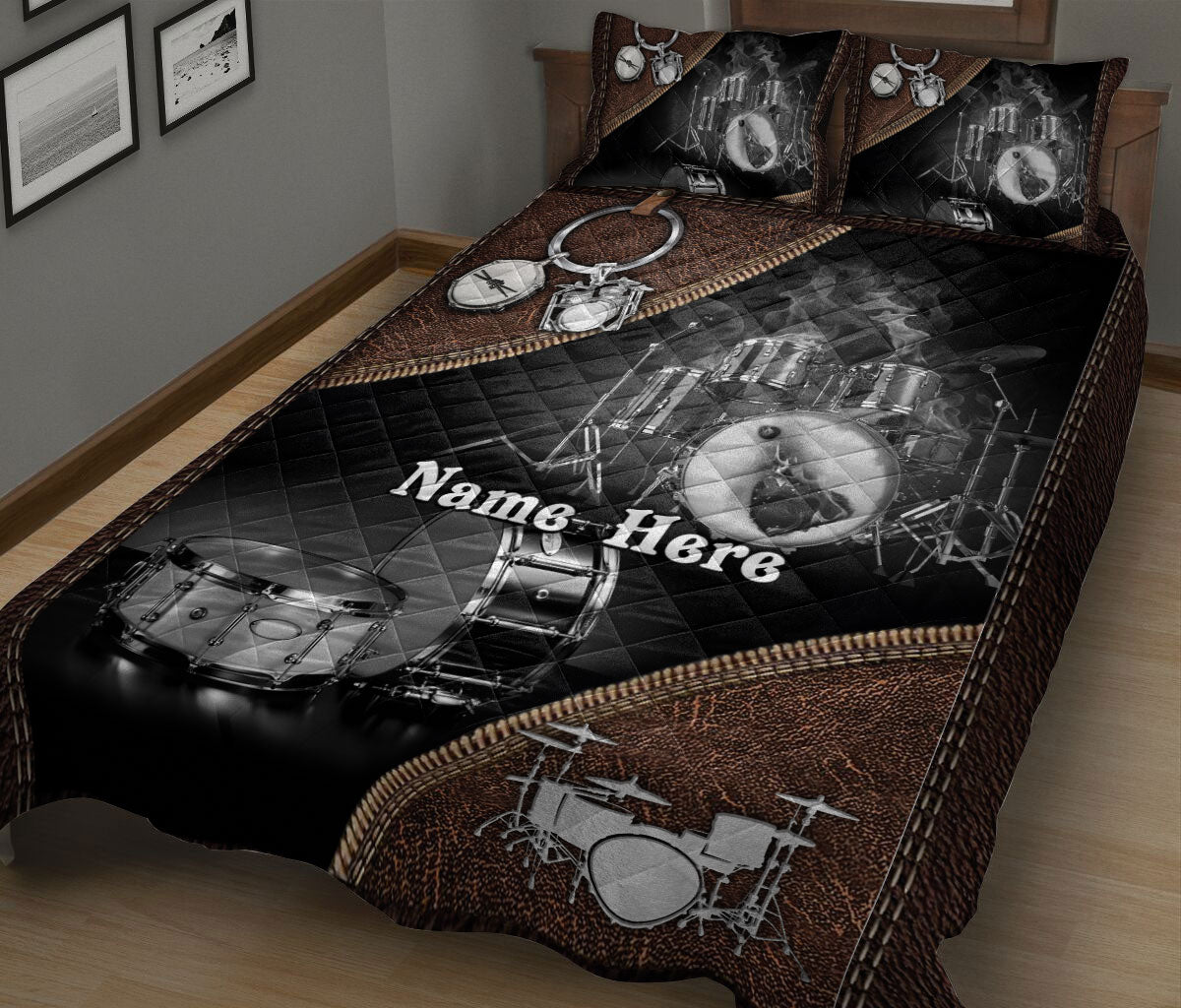 Ohaprints-Quilt-Bed-Set-Pillowcase-Drum-Set-Brown-Gift-For-Drum-Lover-Drum-Player-Custom-Personalized-Name-Blanket-Bedspread-Bedding-173-King (90'' x 100'')