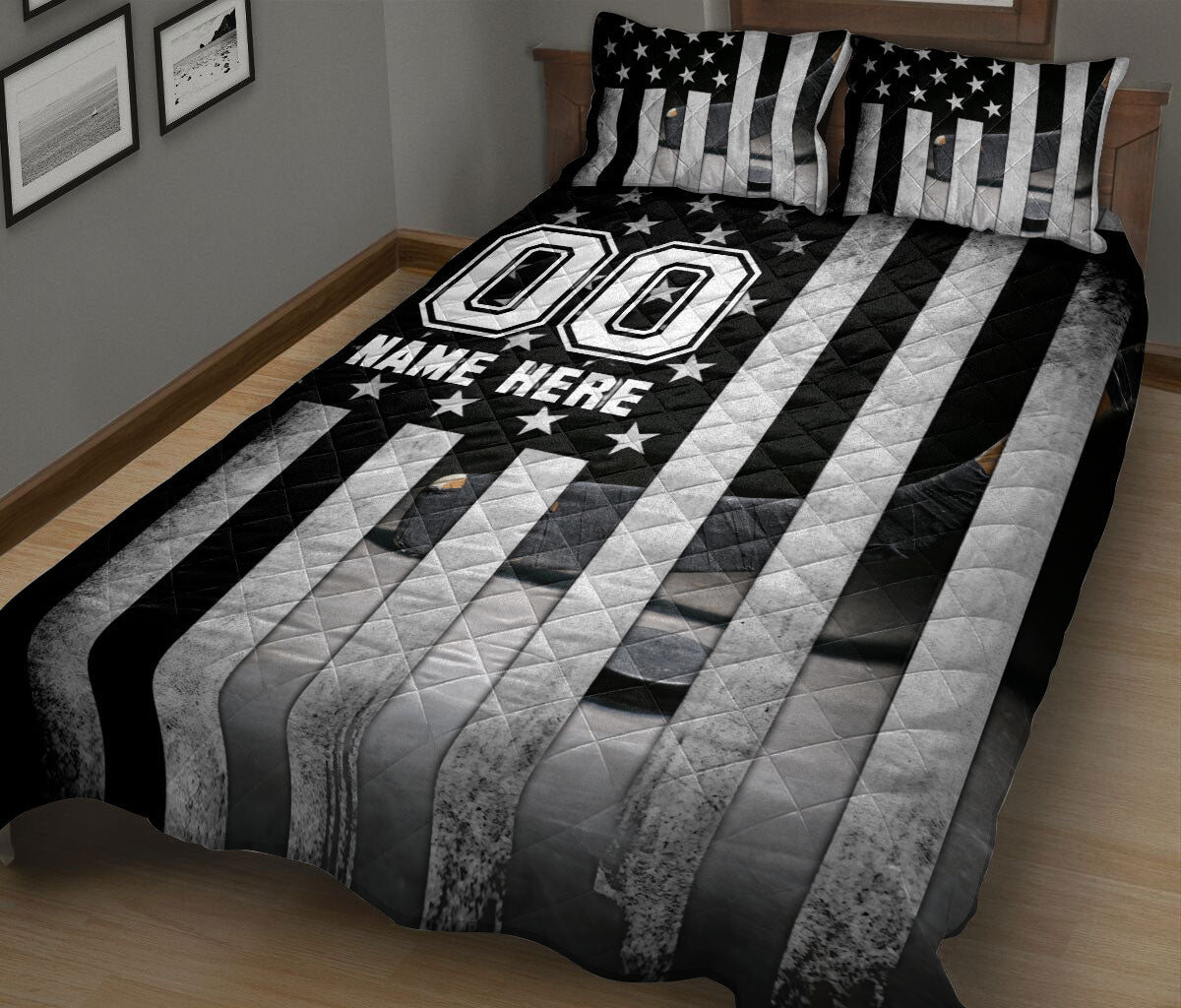 Ohaprints-Quilt-Bed-Set-Pillowcase-Hockey-Puck-Sport-Lover-American-Us-Flag-Custom-Personalized-Name-Number-Blanket-Bedspread-Bedding-502-King (90'' x 100'')