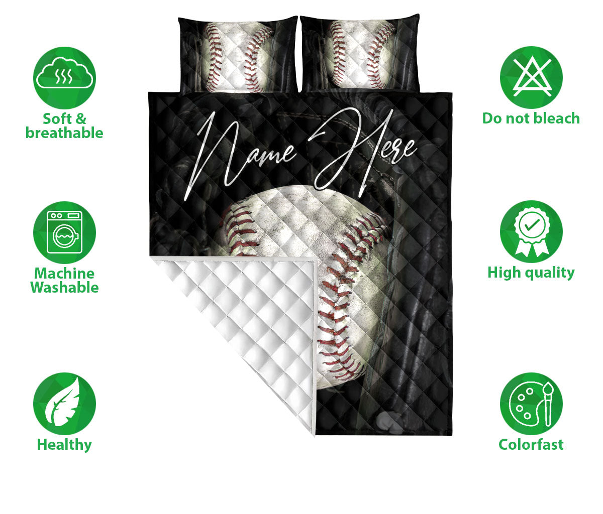 Ohaprints-Quilt-Bed-Set-Pillowcase-Baseball-Ball-Black-Glove-Gift-For-Sport-Fan-Lover-Custom-Personalized-Name-Blanket-Bedspread-Bedding-1674-Double (70'' x 80'')