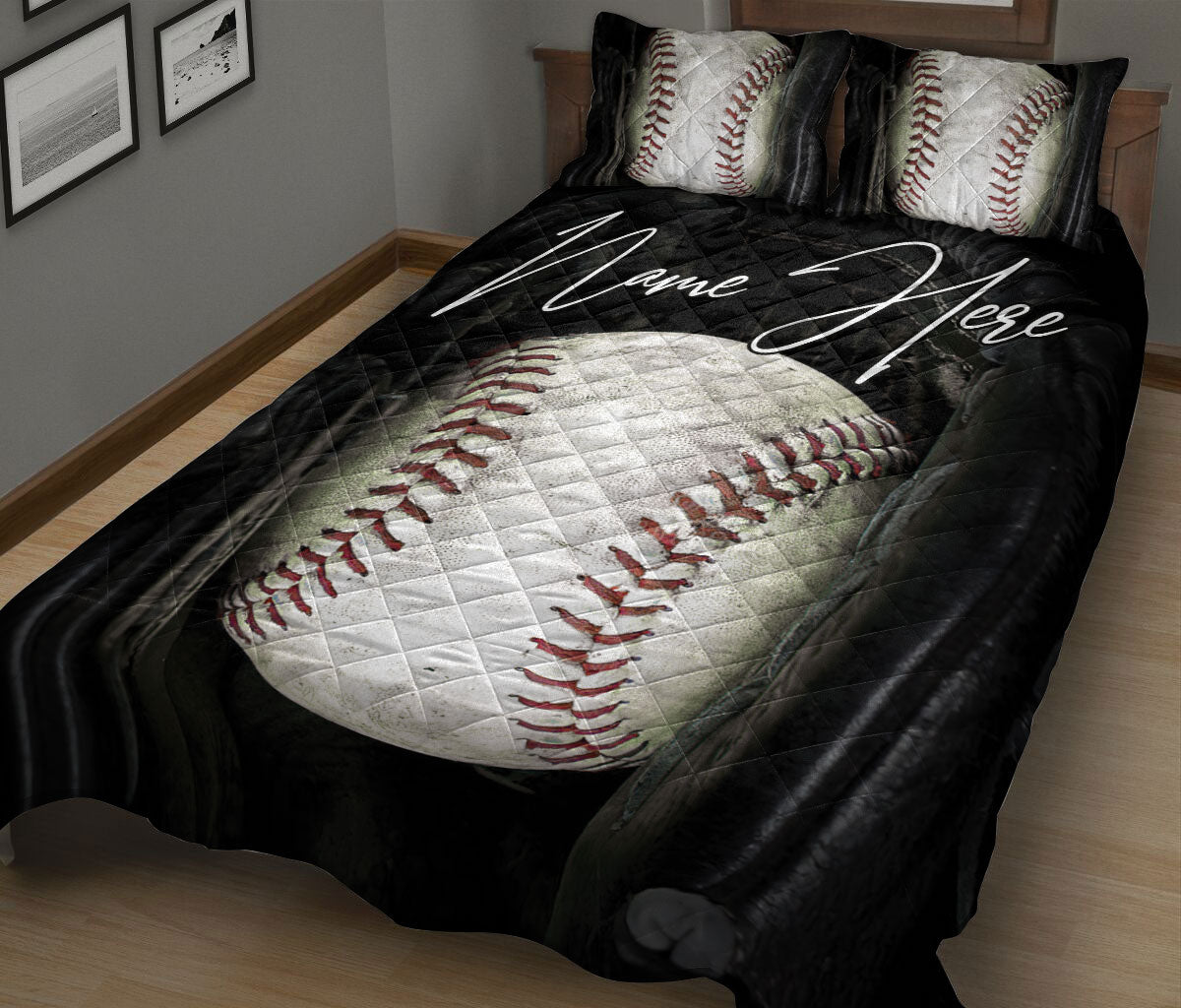 Ohaprints-Quilt-Bed-Set-Pillowcase-Baseball-Ball-Black-Glove-Gift-For-Sport-Fan-Lover-Custom-Personalized-Name-Blanket-Bedspread-Bedding-1674-King (90'' x 100'')
