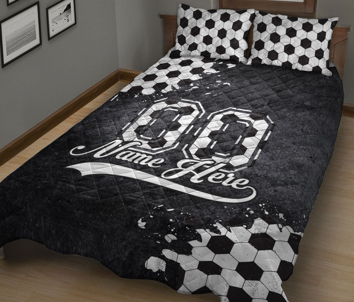 Ohaprints-Quilt-Bed-Set-Pillowcase-Soccer-B&W-Ball-Sport-Watercolor-Pattern-Gift-Custom-Personalized-Name-Number-Blanket-Bedspread-Bedding-2854-King (90'' x 100'')