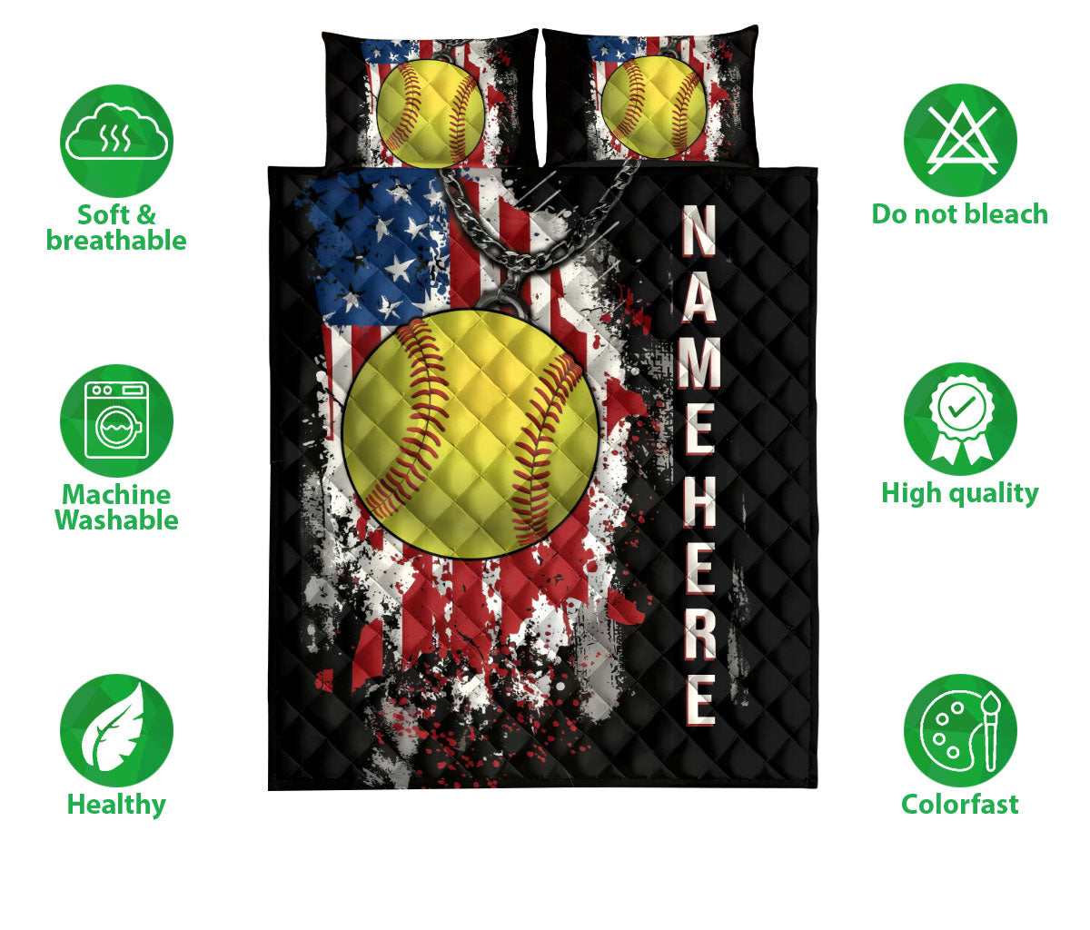 Ohaprints-Quilt-Bed-Set-Pillowcase-Softball-Ball-American-Us-Flag-Gift-For-Sport-Lover-Custom-Personalized-Name-Blanket-Bedspread-Bedding-3107-Double (70'' x 80'')