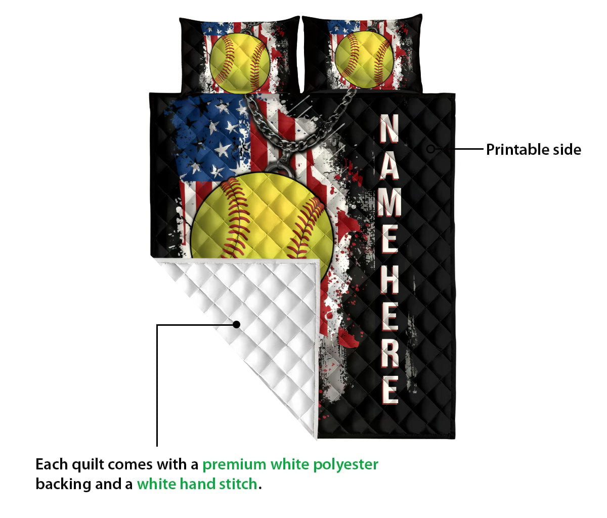 Ohaprints-Quilt-Bed-Set-Pillowcase-Softball-Ball-American-Us-Flag-Gift-For-Sport-Lover-Custom-Personalized-Name-Blanket-Bedspread-Bedding-3107-Queen (80'' x 90'')