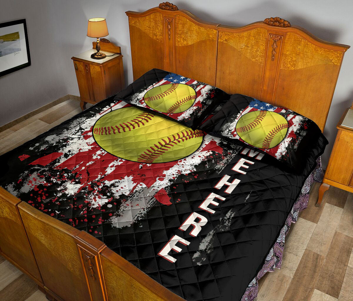 Ohaprints-Quilt-Bed-Set-Pillowcase-Softball-Ball-American-Us-Flag-Gift-For-Sport-Lover-Custom-Personalized-Name-Blanket-Bedspread-Bedding-3107-King (90'' x 100'')