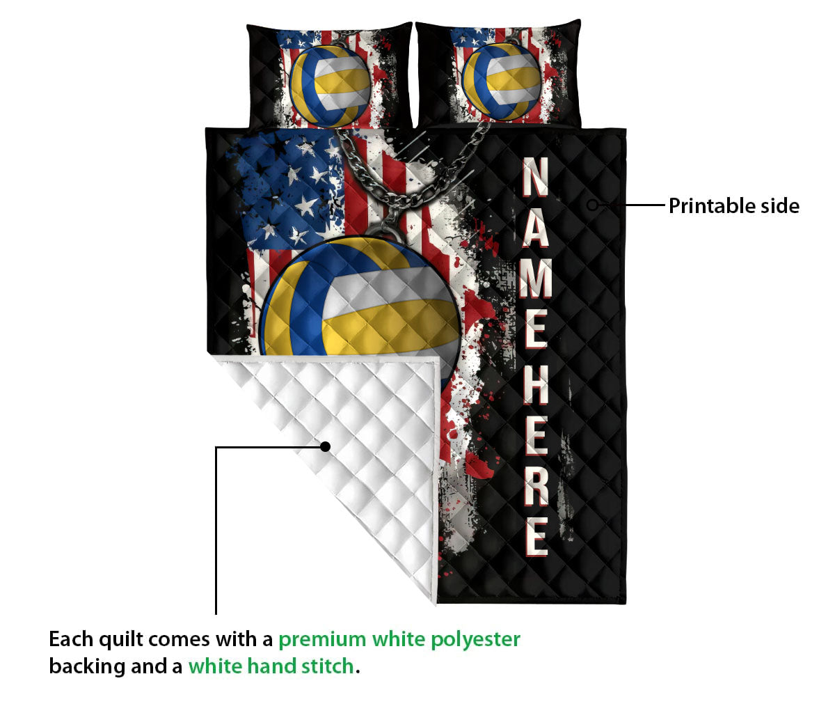 Ohaprints-Quilt-Bed-Set-Pillowcase-Volleyball-Ball-Us-Flag-Gift-Sport-Lover-Custom-Personalized-Name-Blanket-Bedspread-Bedding-3432-Queen (80'' x 90'')